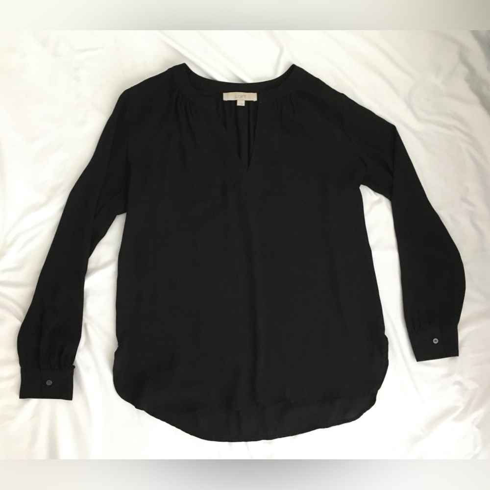 EUC Loft black lightweight deep vneck long sleeve blouse.